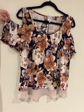NAIF Navy Floral Cold-Shoulder Blouse with Brown Blooms
